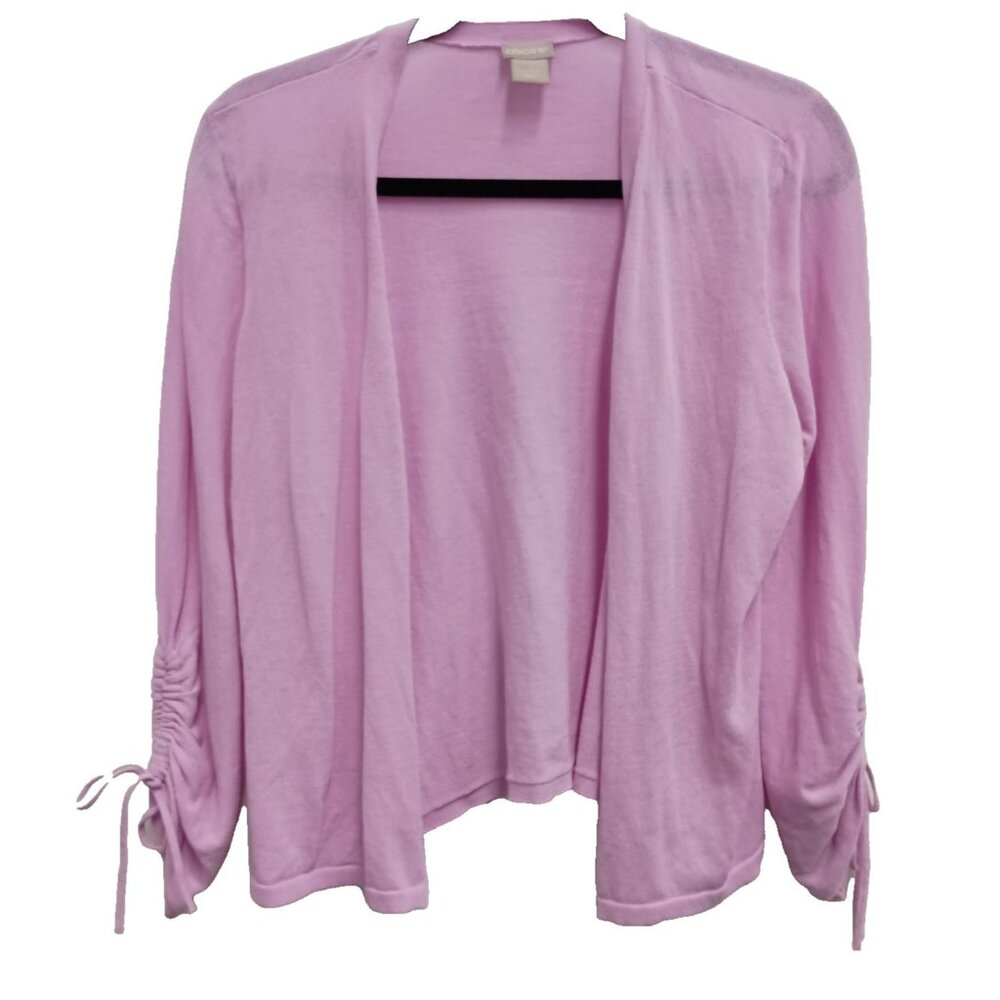 Chicos Womens Cardigan Medium Purple Ruched Sleeve Lightweight‎ Open Casual
